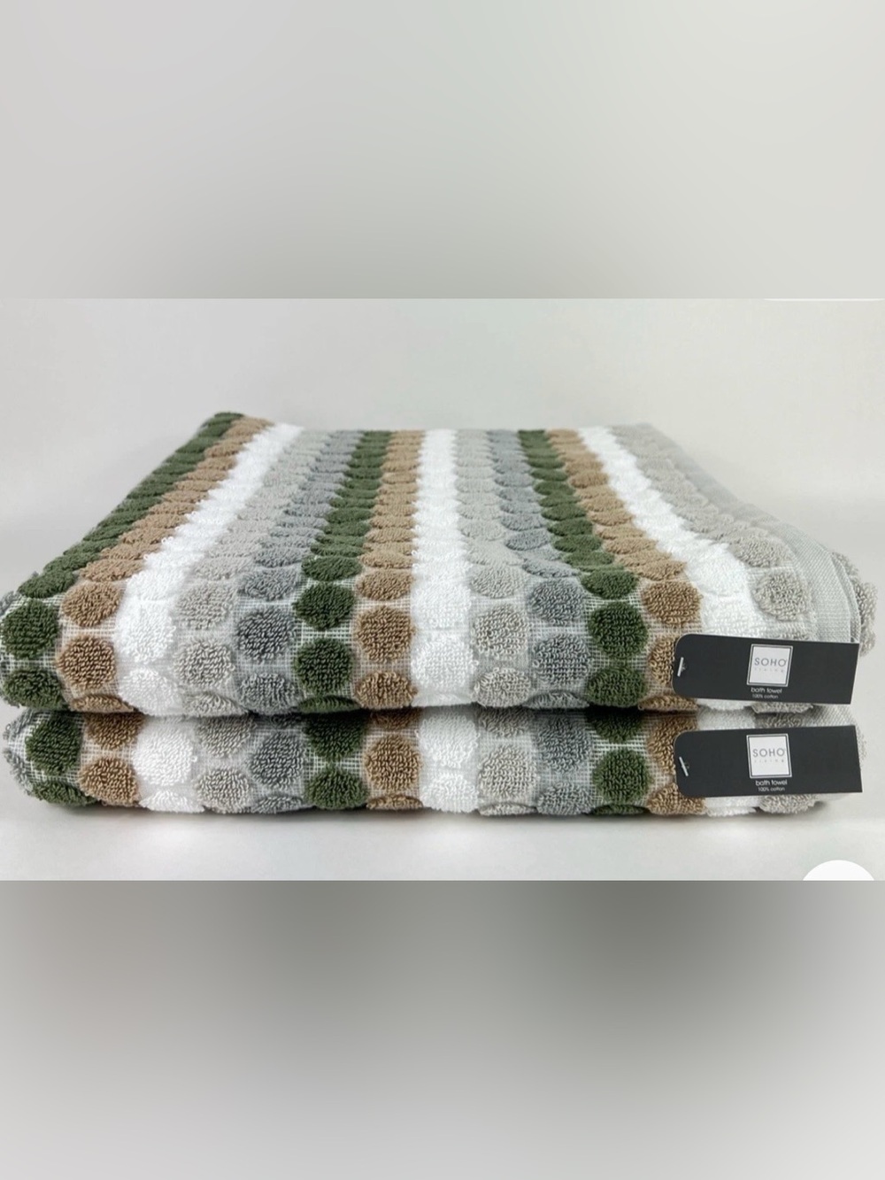 Soho Olive Green, Gray & Tan Striped Bath Towels - Set of 2